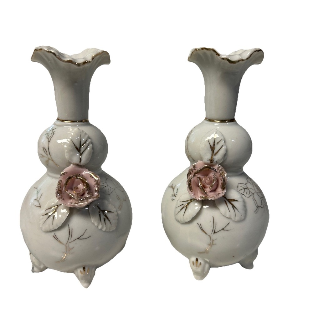 Floral Rose Victorian Bud Vase Old World Footed set of 2 Vintage Shabby Chic